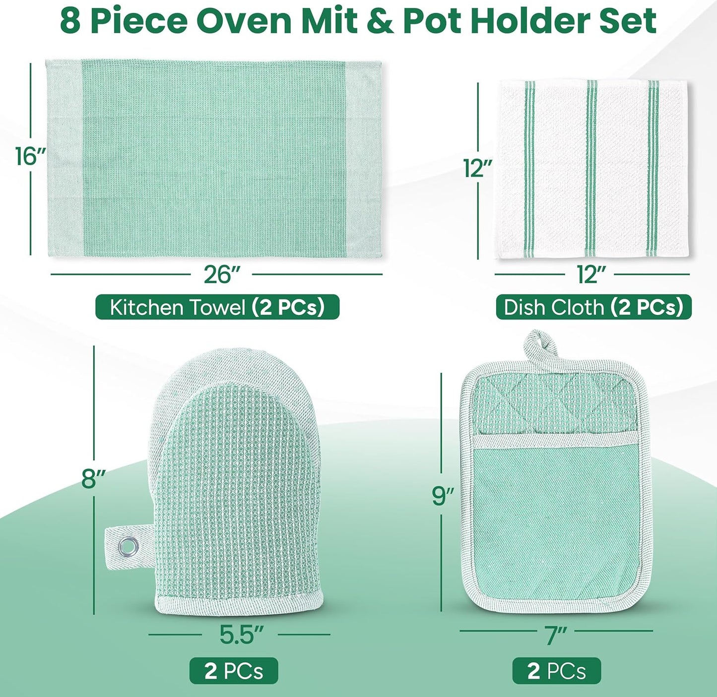 Casa Platino Potholders & Oven Mitts Heat Resistant, 8-Piece Mini Oven Mitts with Silicone Grip, Potholders for Kitchens, 2 Kitchen Towels & 2 Dish Cloths – Durable & Non-Slip – Sage