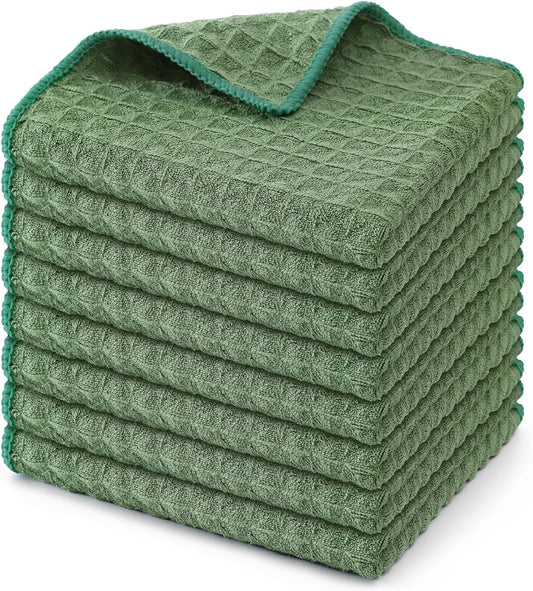 Homaxy Microfiber Waffle Weave Kitchen Dish Cloths, 12 x 12 Inch Ultra Absorbent and Solid Color Dish Towels for Kitchen Fast Drying Dishcloth for Washing Dishes, 8 Pack, Grass Green