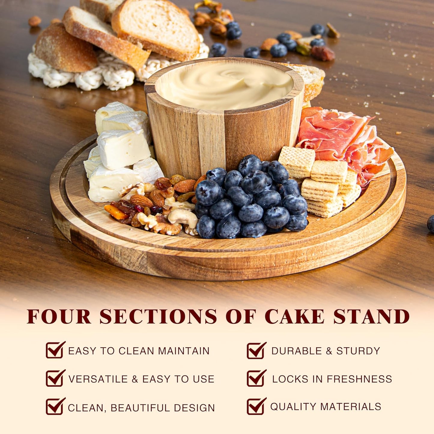 Acacia Wood Cake Stand with Lid, 12" Glass Cake Stand with Dome Cake Holder, 2-in-1 Dessert Table Display Set & Charcuterie Board for Weddings, Parties, Bakeries