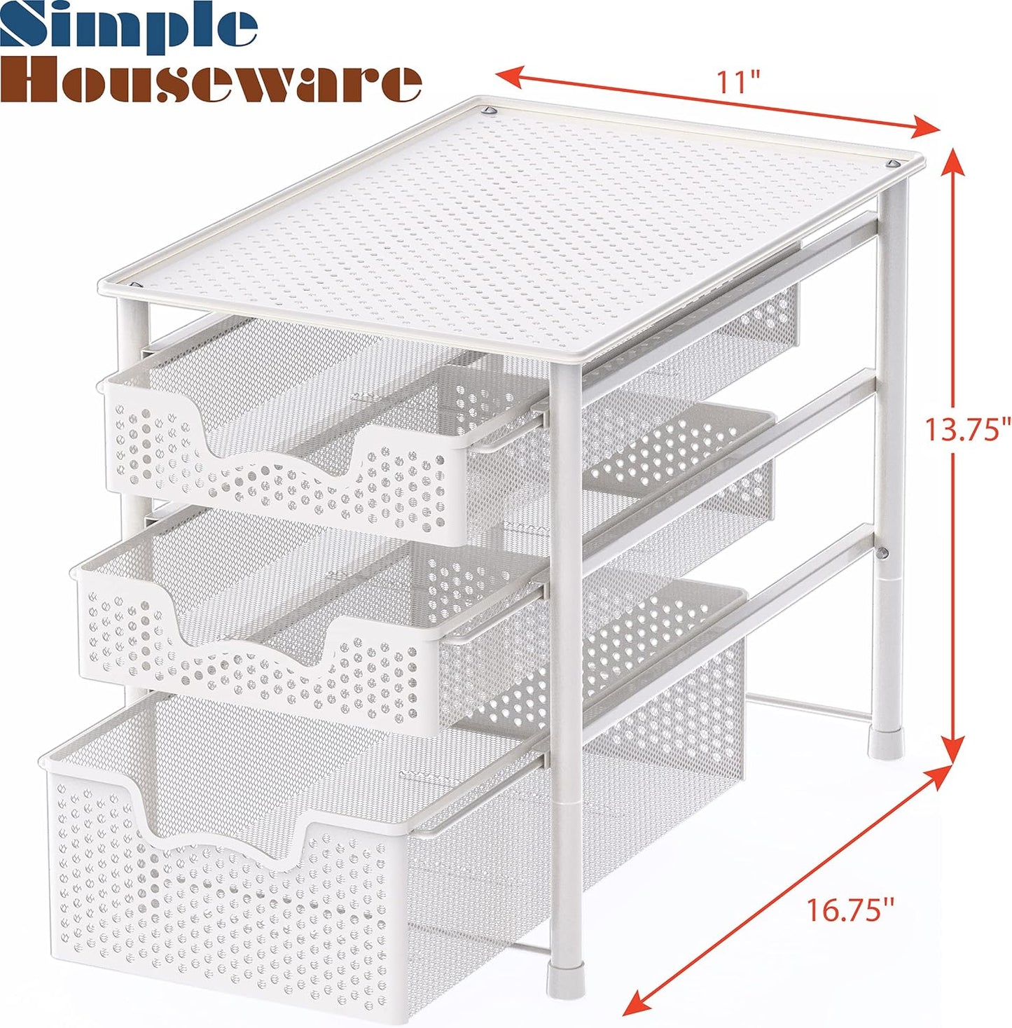 Simple Houseware 3 Tier White Alloy Steel Sliding Basket Organizer Drawer Cabinet