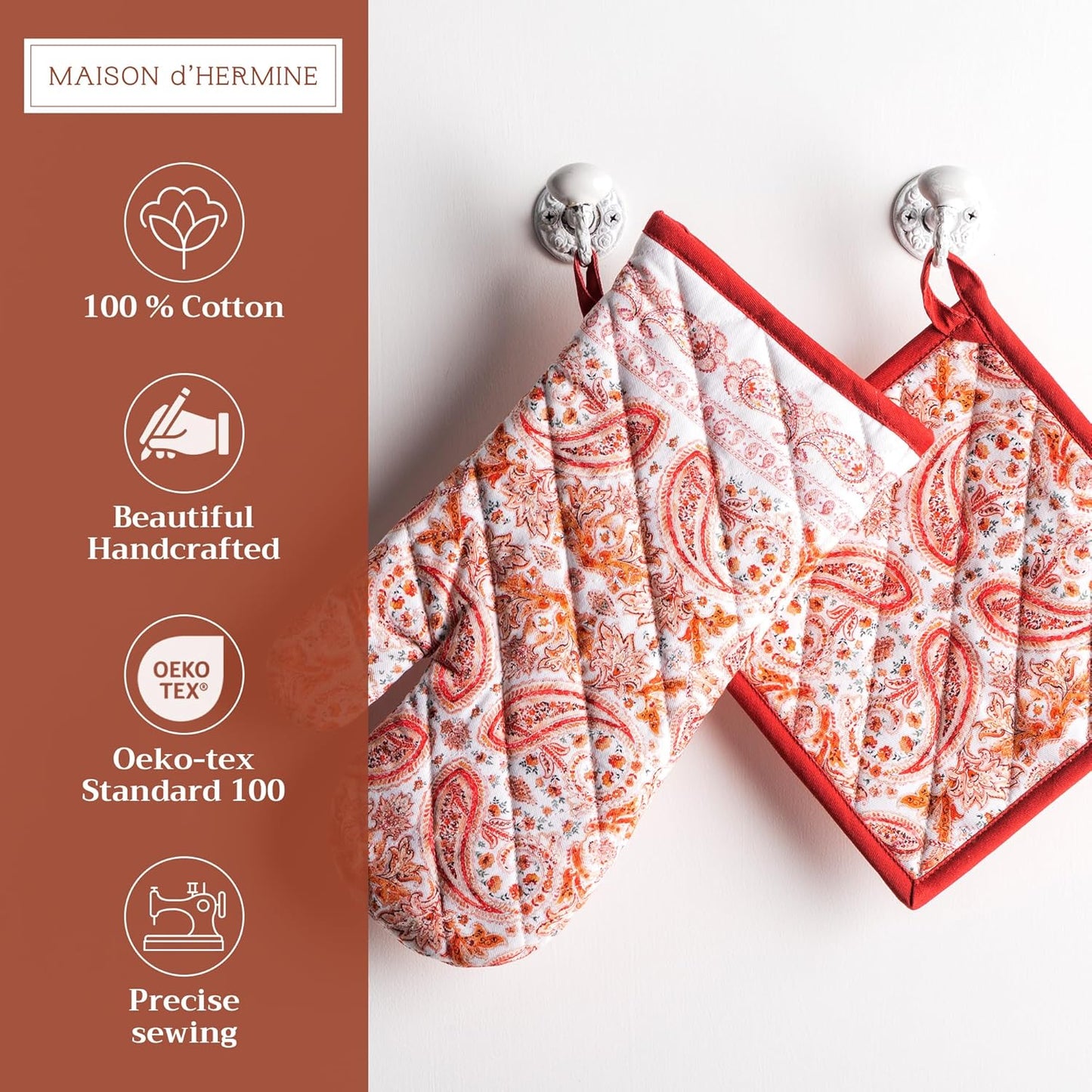 Maison d' Hermine 100% Cotton Oven Mitt & Pot Holder Set (7.5"x13" & 8"x8") Heat Resistant BBQ Cooking Gloves with Loop, Baking, Grilling, Kitchen, Handling Hot Pans (Orient)