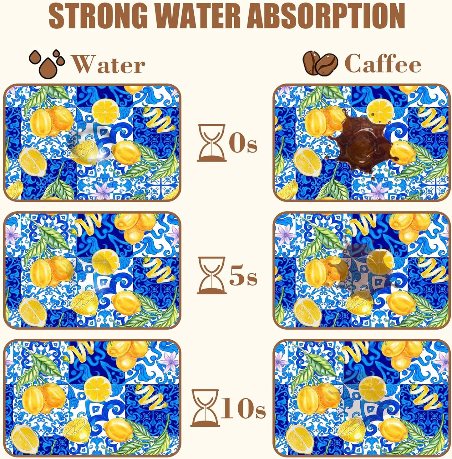 Lemon and Blue Tile Dish Drying Mat for Kitchen Counter Coffee Bar Mat Hide Stain Absorbent Rubber Backed Drying Rack Pad Espresso Machine Coffee Bar Accessories 11.8 x 19.7 Inch