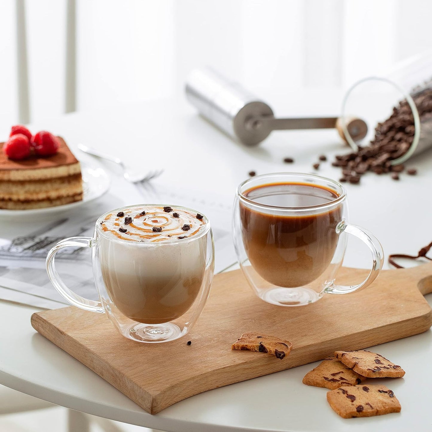 CNGLASS Double Wall Glass Coffee Mugs with Handle,8.5oz Clear Insulated Glass Espresso Cups for Hot and Cold Beverages,Latte,Cappuccino,Set of 2