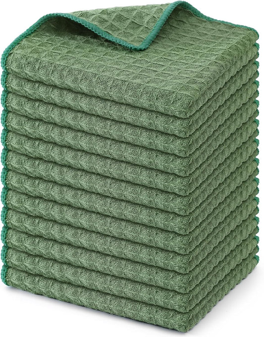 Homaxy Microfiber Waffle Weave Kitchen Dish Cloths, 12 x 12 Inch Ultra Absorbent and Solid Color Dish Towels for Kitchen Fast Drying Dishcloth for Washing Dishes, 12 Pack, Grass Green