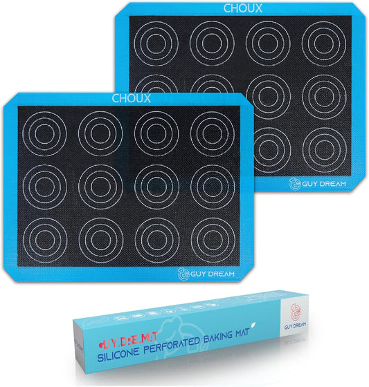 GUY DREAM Perforated Silicone Baking Mat 11-4/5" x 15-3/4" - 2PCs Choux Mat for Baking Cookie - Steaming Mesh For Half Size Cooking Sheet