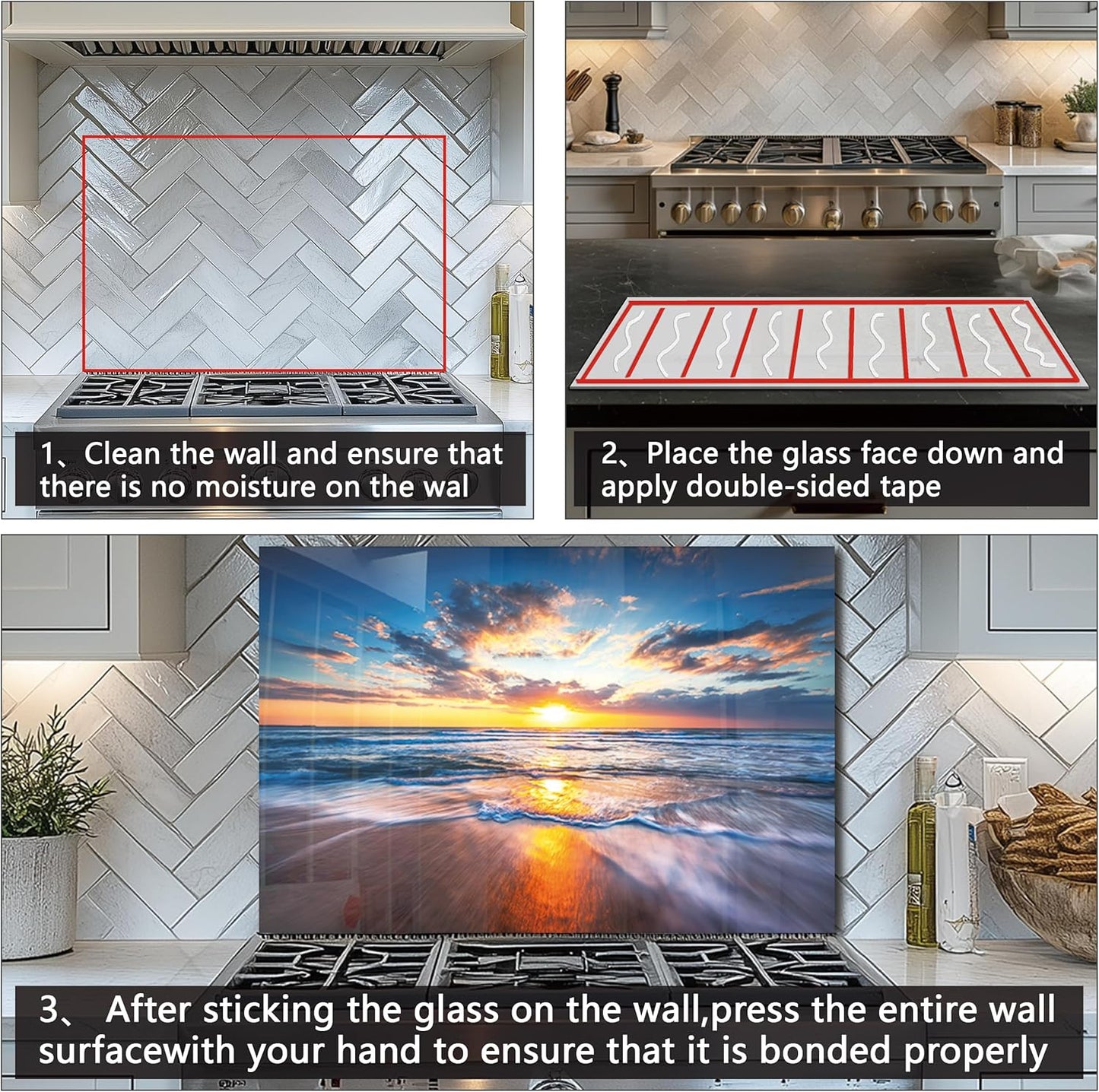 Tempered Glass Backsplash For Kitchen Behind Stove,Sea Beach Stove Backsplash Top Cover,Easy to Clean Glass Splashback, Sink Cover Splash Guard,Home Kitchen Wall Decor (30"x14"(76.2x35.56cm))
