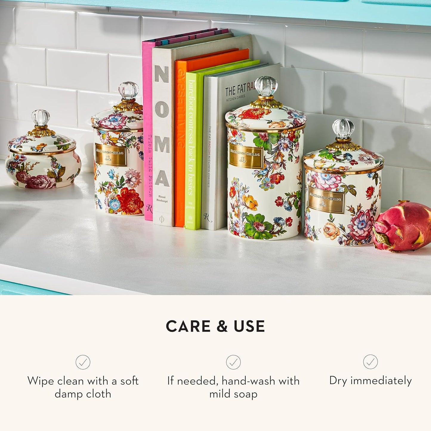 MACKENZIE-CHILDS Small Enamel Canister, Kitchen Storage Container for Flour and Sugar, 1.13 Liters, White Flower Market