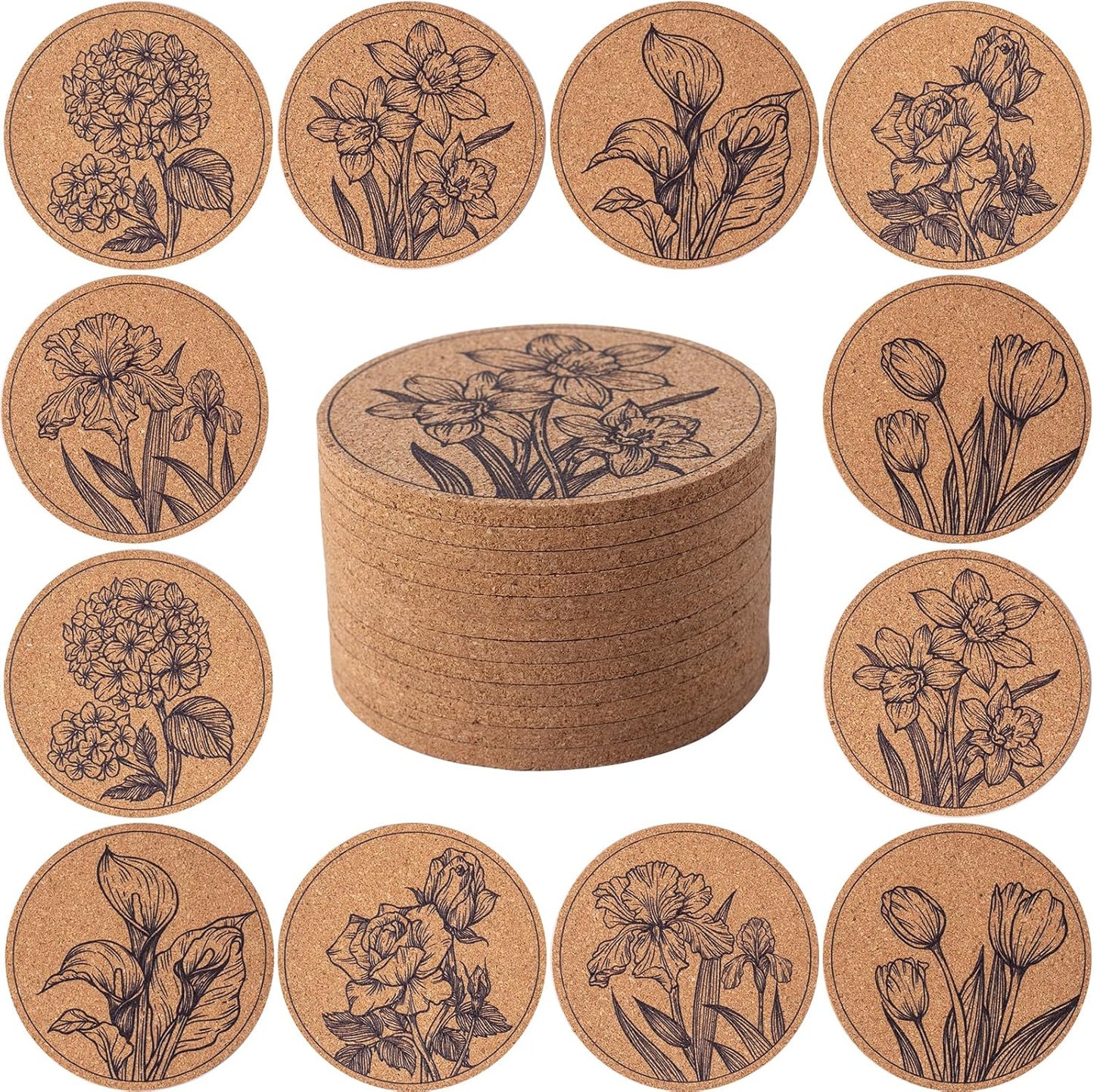 Coasters for Drinks 12 pcs Absorbent Cork Coasters with Flower Coaster for Coffee Table Housewarming Gifts for New Home Present for Friends, Living Room Decor, Apartment Decor