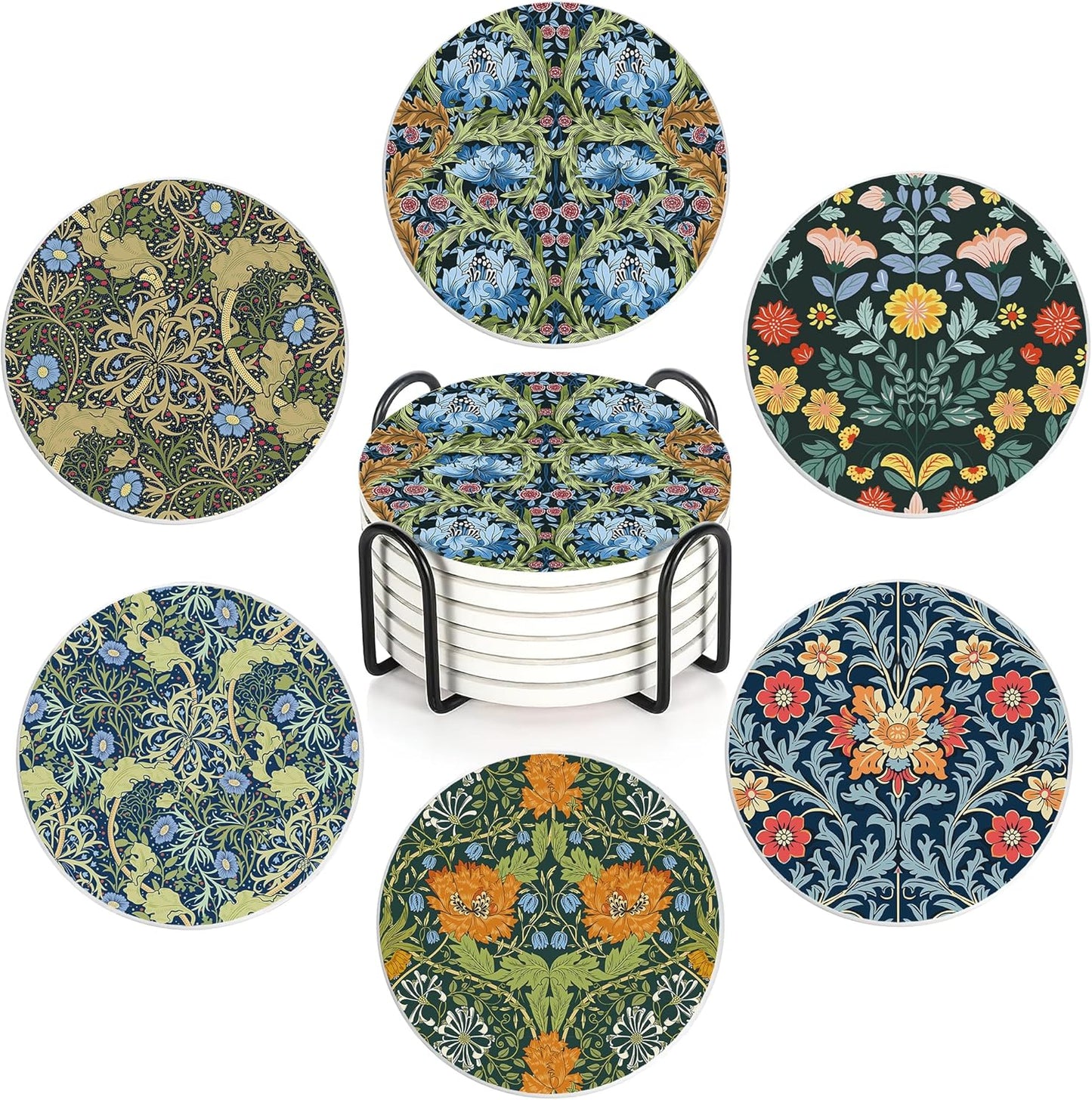 Coaster for Drinks Set of 6, Vintage Flower Absorbing Round Ceramic Stone Coaster with Cork Base,Tabletop Protection Mat for Mugs and Cups,Coffee Table Wine Glass Home Bar 4 Inch