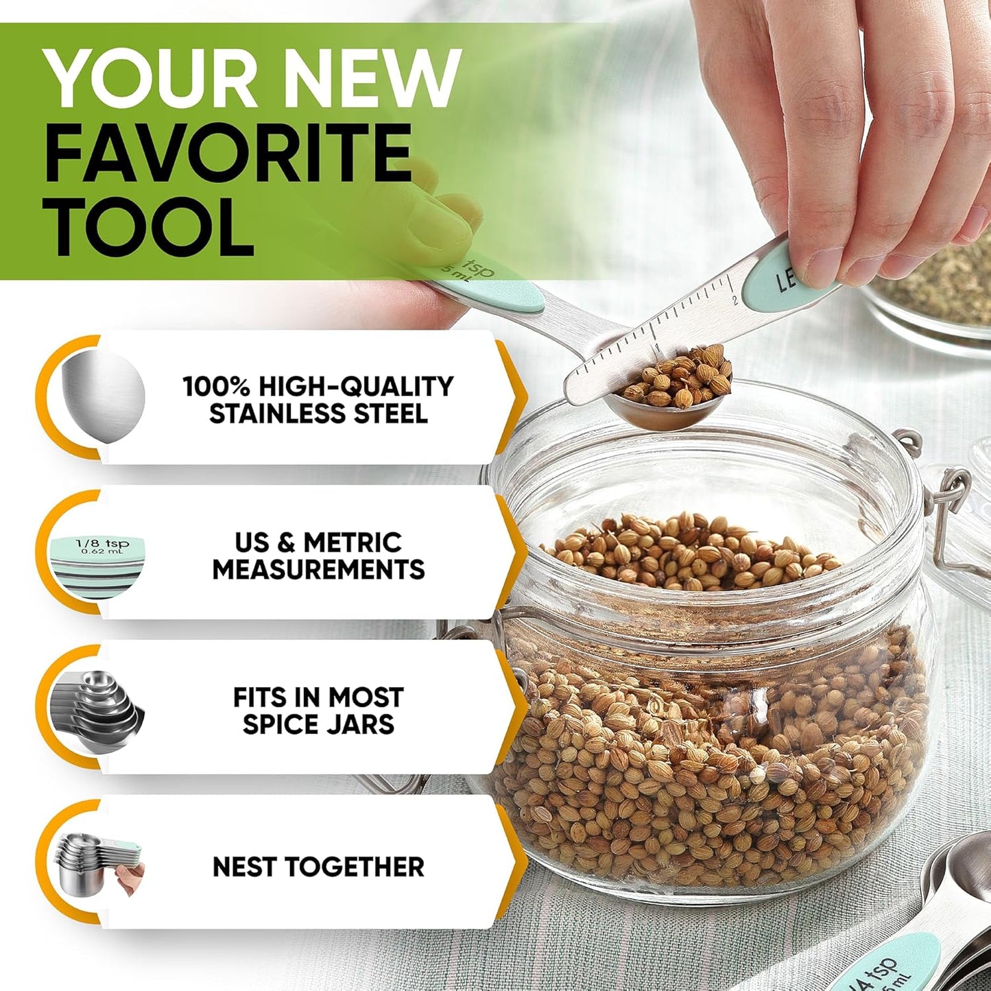 Spring Chef Magnetic Measuring Cups & Spoons Set (Patent Pending), Strong N45 Magnets, Heavy Duty Stainless Steel Fits in Spice Jars for Baking & Cooking, BPA Free, Round Set of 15 with Leveler, Mint