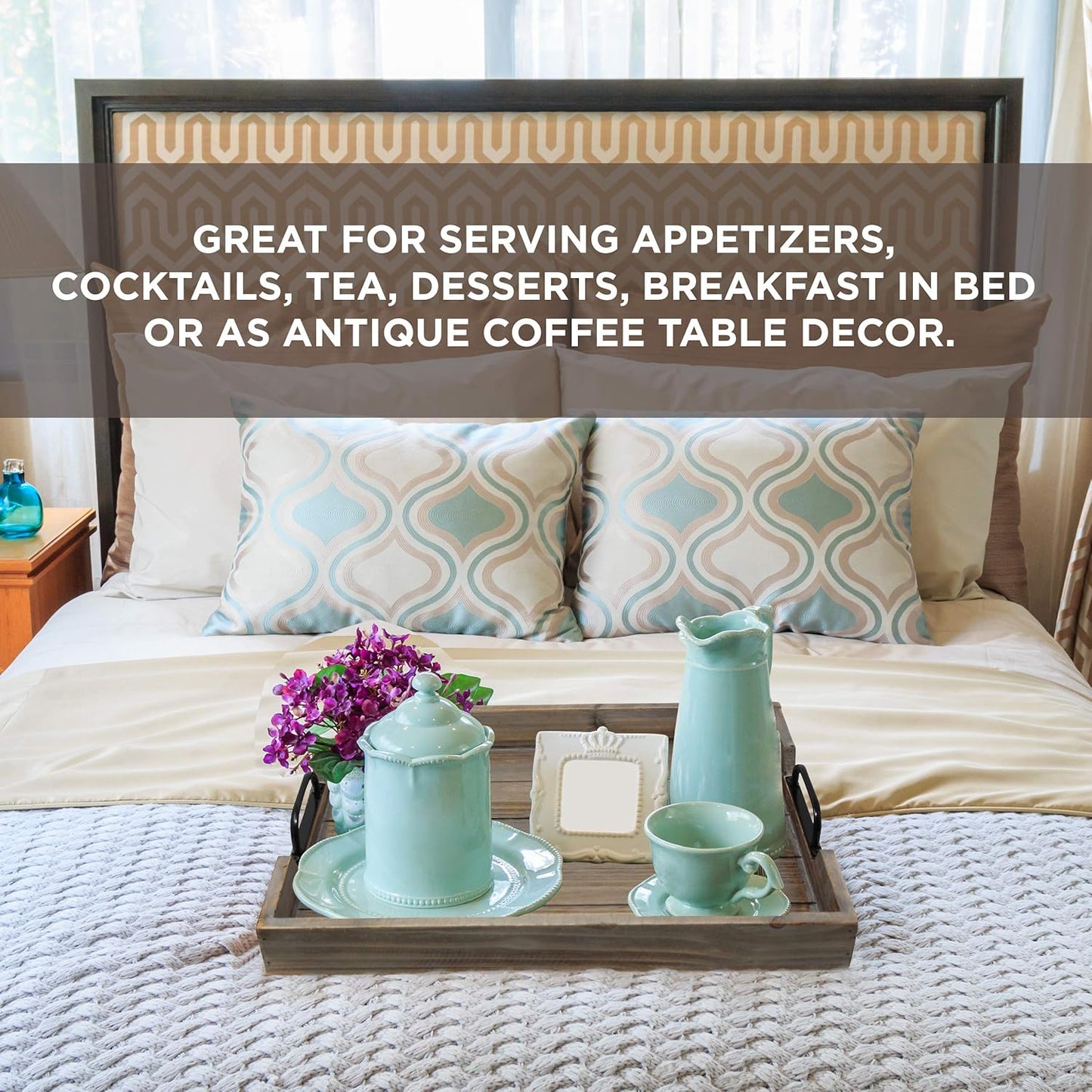 3 Pie­ce Decorative Nested Vintage Wood Serving Tray Set for Coffee Table or Ottoman – Rustic Wooden Breakfast Trays for Kitchen, Dining Room, or Living Room – Farmhouse Platter w/Handles - Barnwood