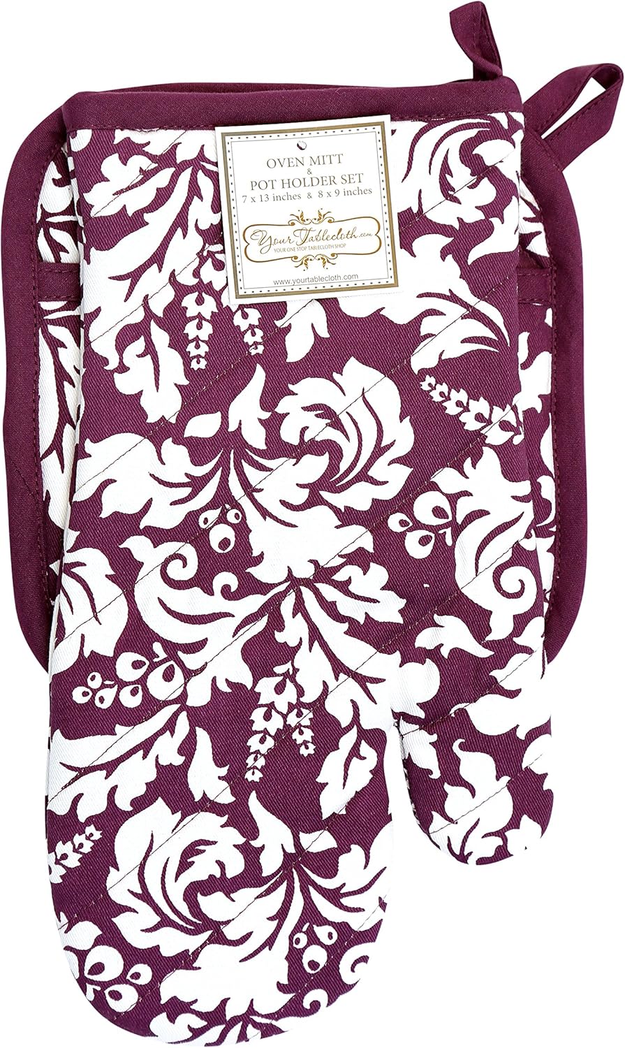 Yourtablecloth Set of Oven Mitt and Pot Holder or Oven Gloves – 100% Cotton, High Heat Resistance, Superior Protection & Comfort – Elegant Design – Machine Washable-Eggplant