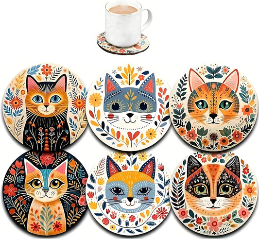 Coasters Set of 6, Wood Coasters for Drinks - Handcrafted Cat Design Thick Heat-Resistant for Beer, Coffee, Office, Bar, Farmhouse Home Decor, Tabletop Protection, for All Cups