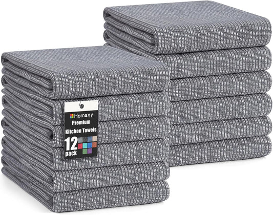 Homaxy Premium Kitchen Towels(18”x 28”, 12 Pack), Large Cotton Kitchen Hand Towels, Flat and Terry Dish Towels, 380 GSM Highly Absorbent Tea Towel Set with Hanging Loop, Grey