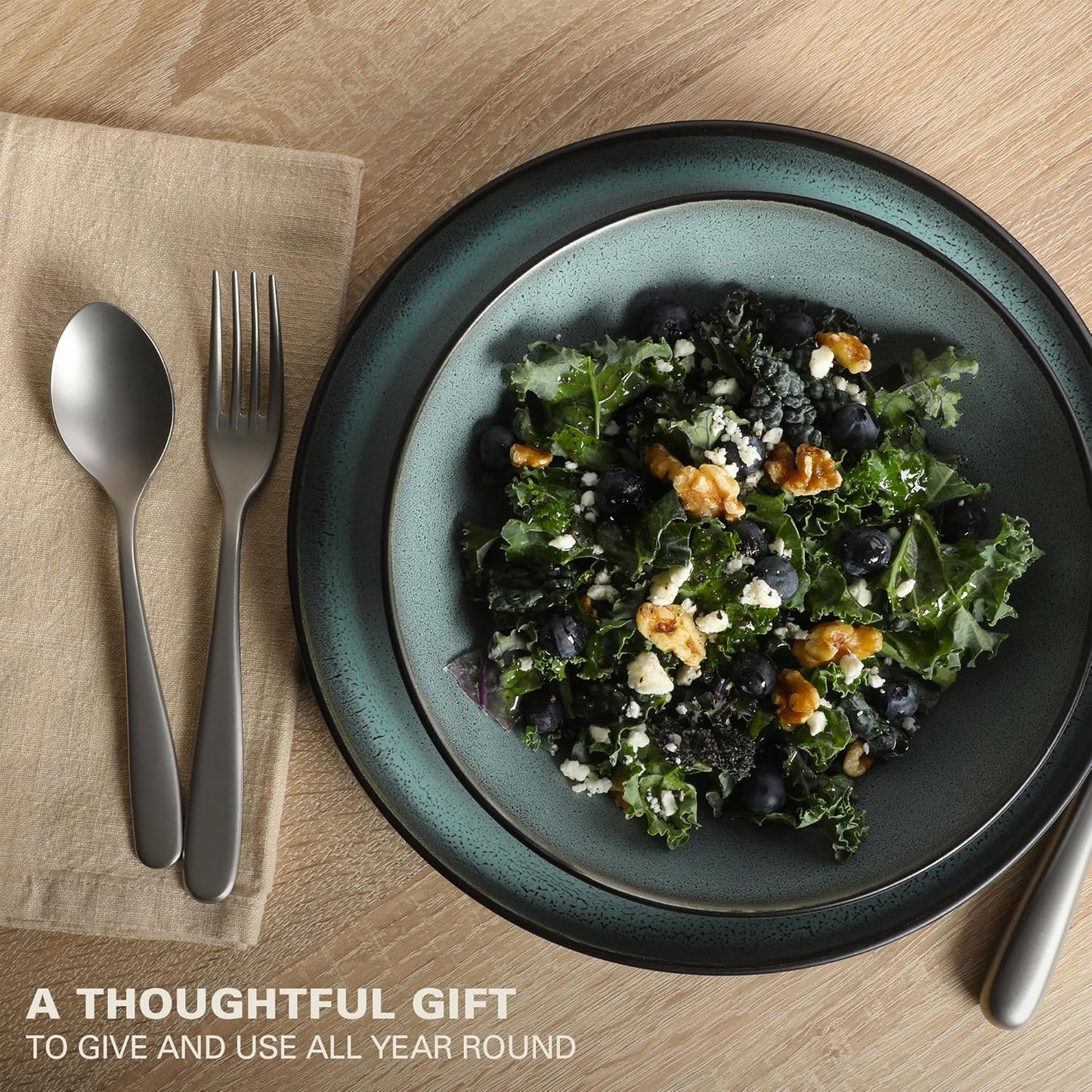 Gibson Elite Tribeca Loft 16-Piece Dinnerware Set – Matte Black and Green Reactive Glaze Stoneware, Double Bowl Round Plates and Bowls – Modern Rustic Tableware for 4, Dishwasher & Microwave Safe