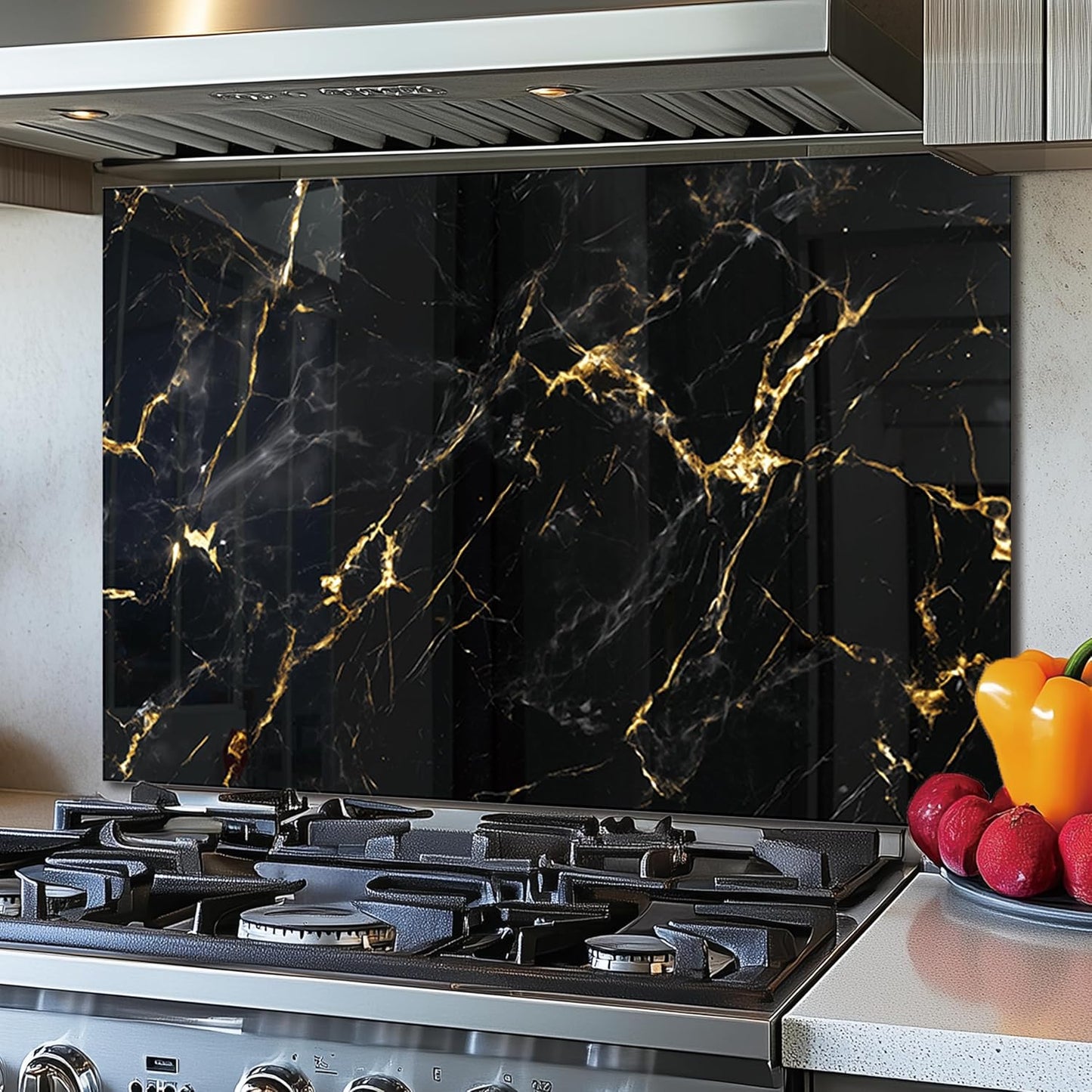 DAIFURONGE Tempered Glass Backsplash For Kitchen Behind Stove,Black Marbling Stove Backsplash Top Cover,Easy to Clean Glass Splashback, Sink Cover Splash Guard,Home Kitchen Wall Decor (23.62"x15.75"(60x40cm))