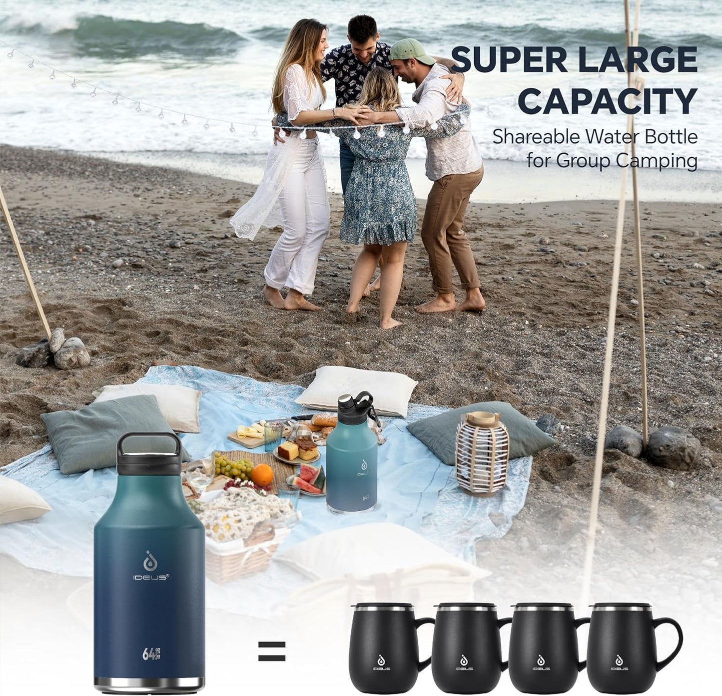 IDEUS Insulated Stainless Steel Water Bottle with 2 Leak-Proof Lids, Thermal Water Flask for Hiking Biking, 64oz, Green