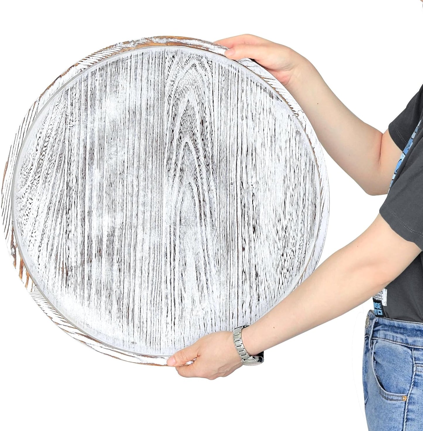 Extra Large Round Ottoman Table Tray 20" - Rustic Wooden Serving Tray for Farmhouse Decorative Oversized Coffee Table Trays Living Room Kitchen Counter Breakfast White