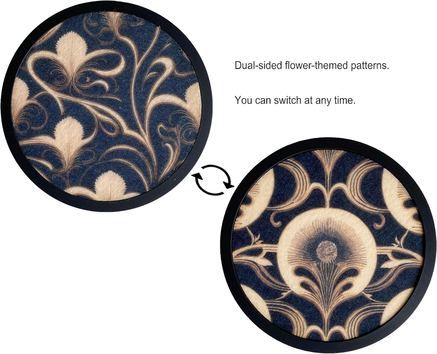 Absorbent Coasters for Drinks with Holder - 6packs, Silicone Coaster with Soft Felt Insert (4.3 inch Coasters with 4.5 inch Holder, Dual-Sided Flower -Themed Patterns)