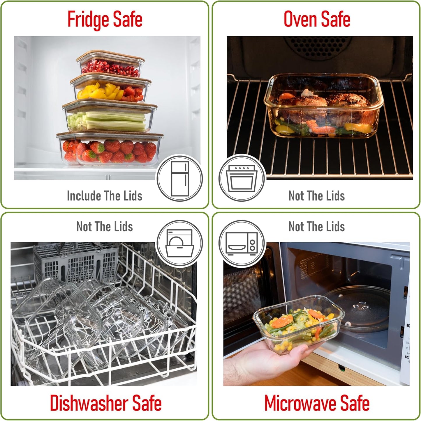 Glass Tupperware Set with Acacia Lids - 4 Stackable Meal Prep Containers. Durable heat resistant Inert Borosilicate Glass