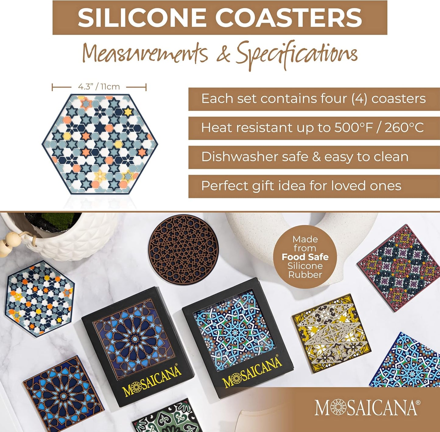 Coasters for Drinks – Set of 4 Coasters, Silicone, Protect Against Water Marks or Damage - Fit All Cups, 3.5" Inch Size Fits, Colored Coasters (Stars of Mars)