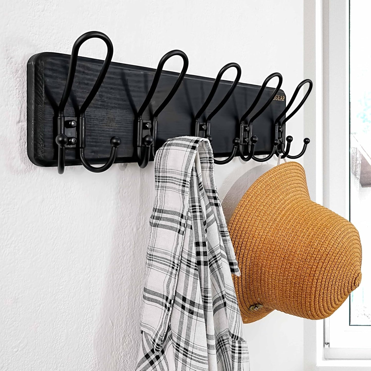 Dseap Coat Rack Wall Mounted - Heavy Duty Farmhouse Rustic Wall Coat Hanger with 5 Wire Hooks for Clothes Hat Jacket Towel, RusticWire, J1-5A, Black