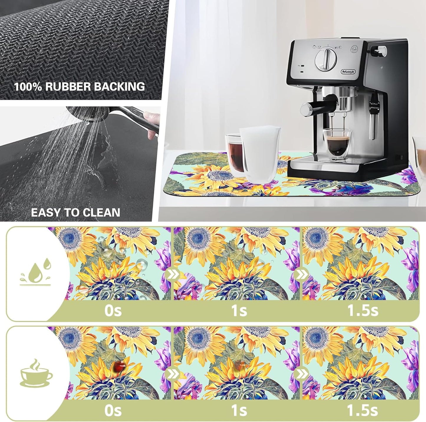 Dish Drying Mat Watercolor Sunflowers Irisflowers Floral Kitchen Mat 16"x24" Bsorbent Coffee Maker Mat for Dishes,Utensils Coffee Maker Pots and Pans Easy Clean Dish Slip Resistant Pad