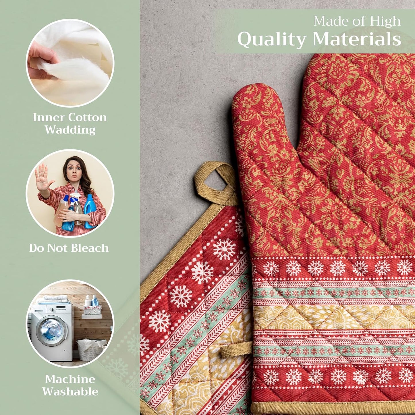 Maison d' Hermine 100% Cotton Oven Mitt & Pot Holder Set (7.5"x13" & 8"x8") Heat Resistant BBQ Cooking Gloves with Loop, Baking, Grilling, Kitchen, Handling Hot Pans (Sofia)