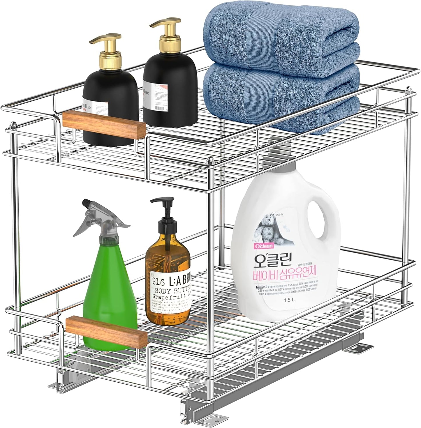 Pull Out Cabinet Organizer(14" W x 21" D), 2 Tier Slide Out Shelves with Wood Handle, Sliding Drawer Pull Storage Shelf for 15-1/4” Cabinet Opening, Chrome