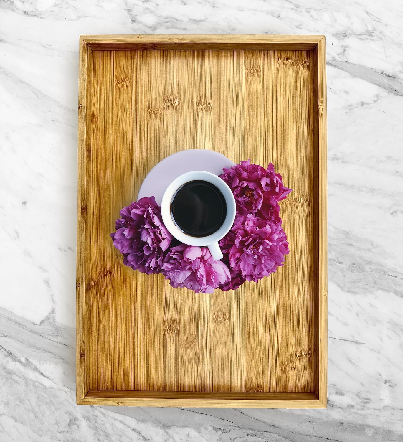 Bam & Boo - Natural Bamboo Serving Tray Modern Rectangular - for Food, Drinks, Decor, Vanity in Home, Kitchen, Bathroom, Coffee Table, Bed(Extended, 17.75” x 11.8" x 1.2")