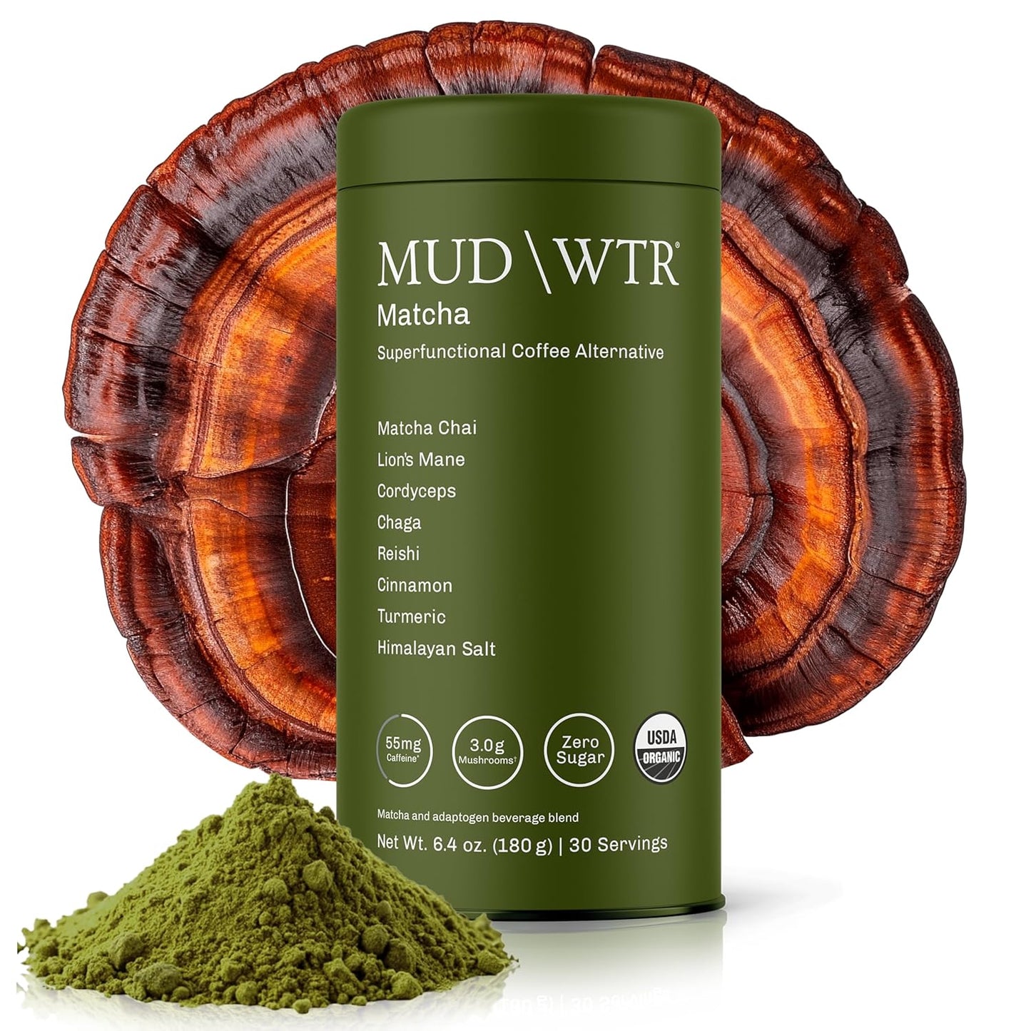 MUDWTR Mushroom Matcha Powder | 3,000mg of Adaptogenic Mushrooms | Japanese Matcha Powder Blend | USDA Organic | Energy, Focus & Immunity Support | Lion's Mane, Chaga, Reishi, Cordyceps | 30 Servings