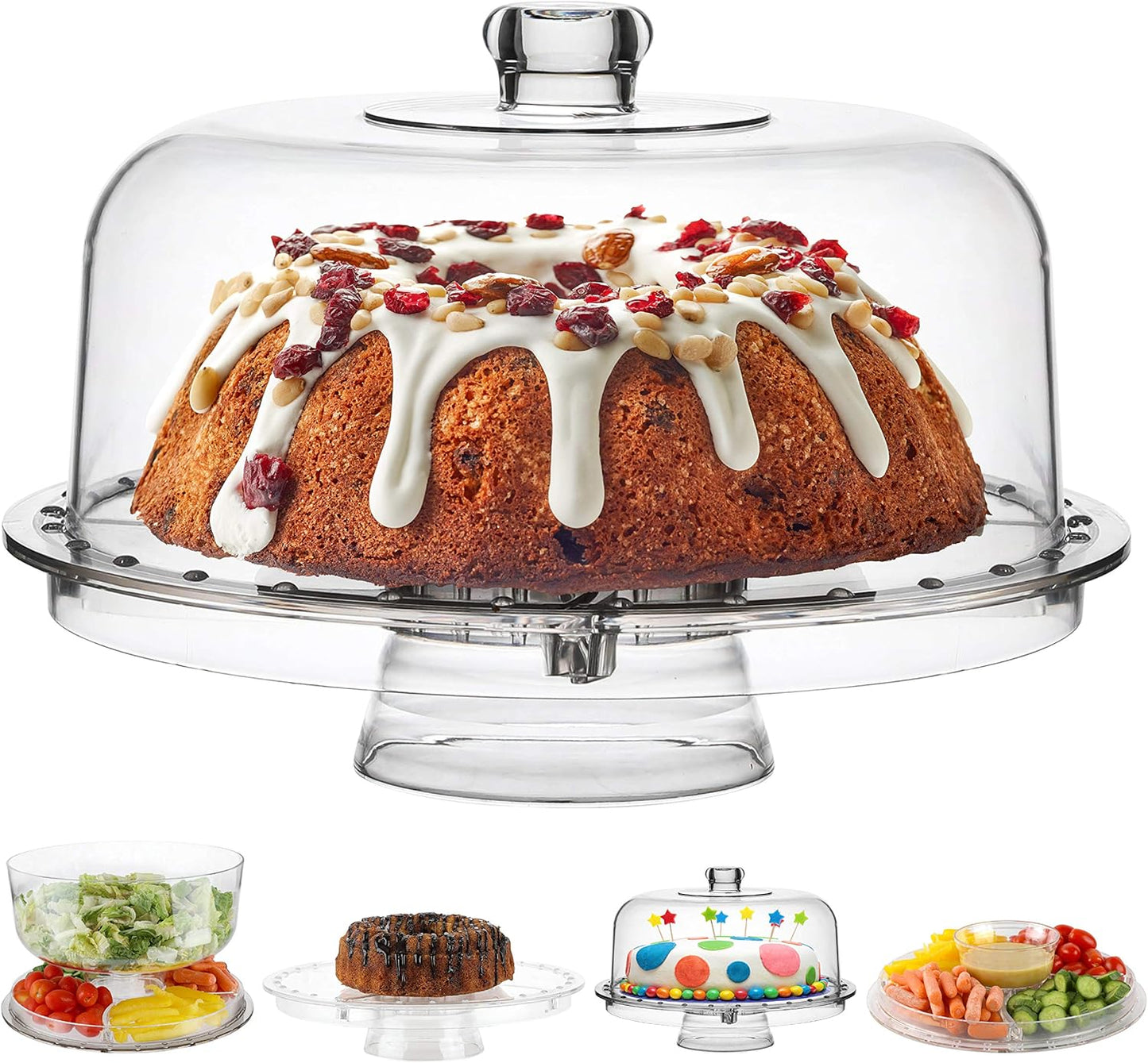 Homeries Acrylic Cake Stand with Lid, Cake Plate, (6 in 1) Multi-Functional Serving Platter, Large Cake Stand with Dome, Cake display stand with lid & Cake Dome - Use as Cake Holder, Cake Cover