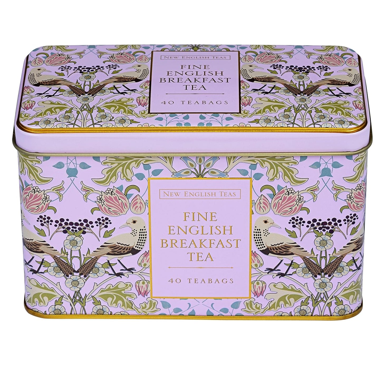 New English Teas Song Thrush and Berries Tea Tin in Pink with 40 English Breakfast Teabags