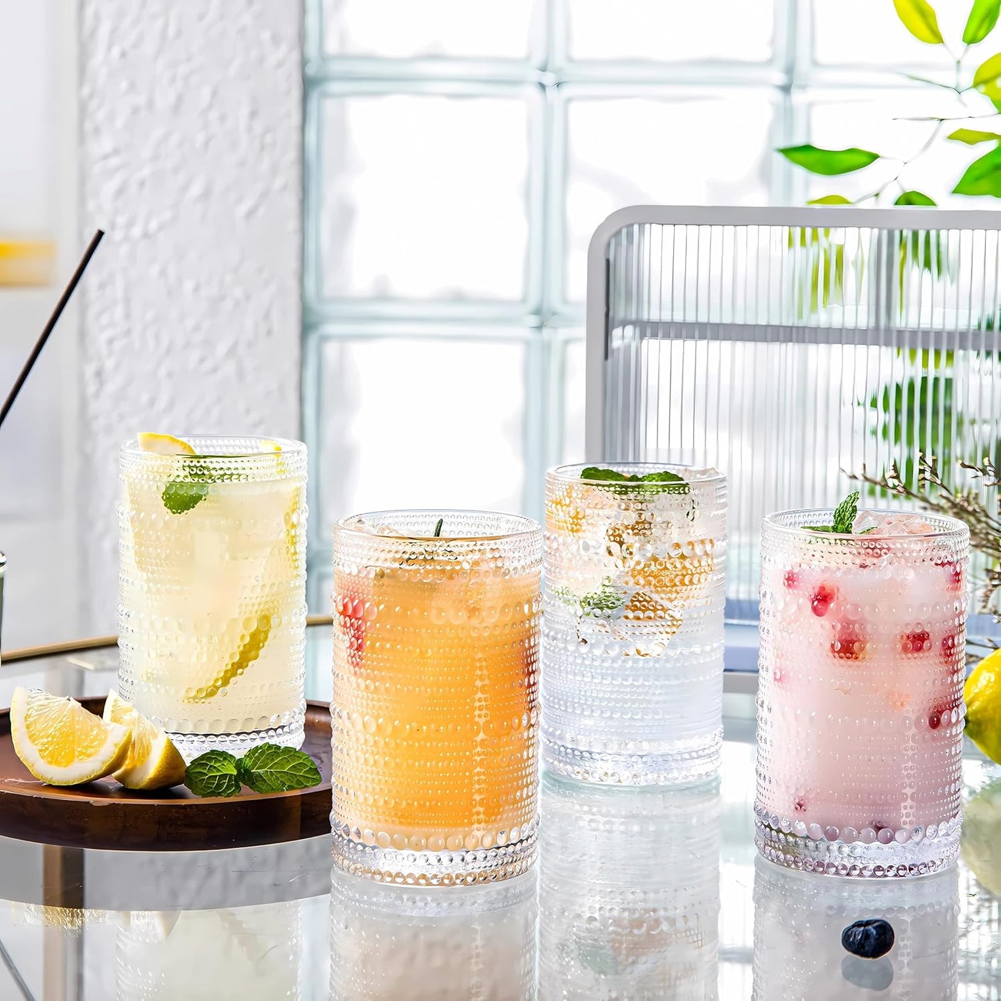 4 Pcs Iced Coffee Glasses Cups with Bamboo Lids and Straws,12 oz Thick Emboss Beaded Drinking Glass Cup Set,Latte Glasses,Ideal for Water,Soda,Gift - with Cleaning Brushe