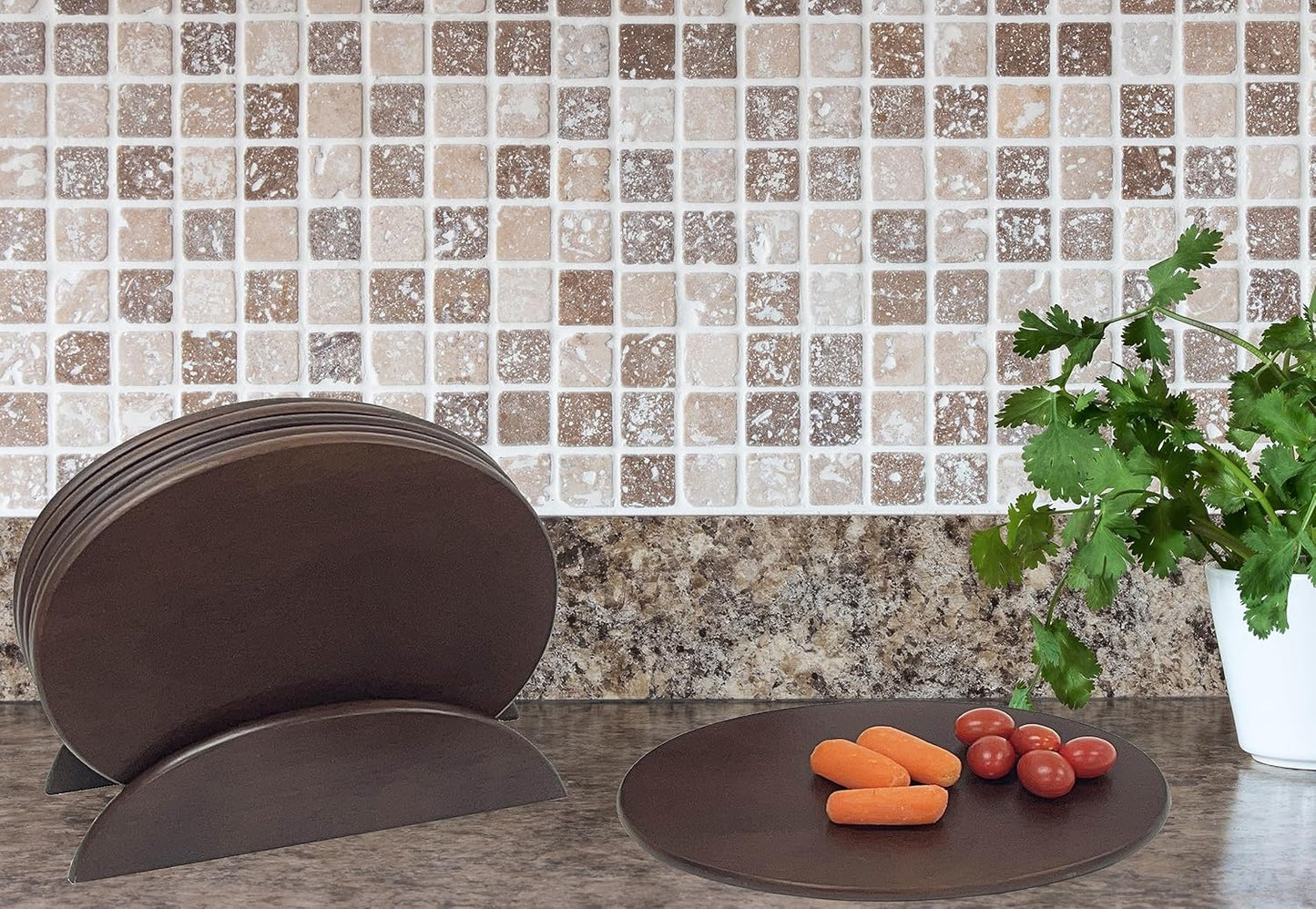 Woodard & Charles 6 Piece Wood Boards with Stand, Perfect for Serving, Sushi, Cheese, Hors D'Oeuvre, Charcuterie, Sandwiches, 7 Piece Set, 9 1/2" x 6 1/2" (Walnut)