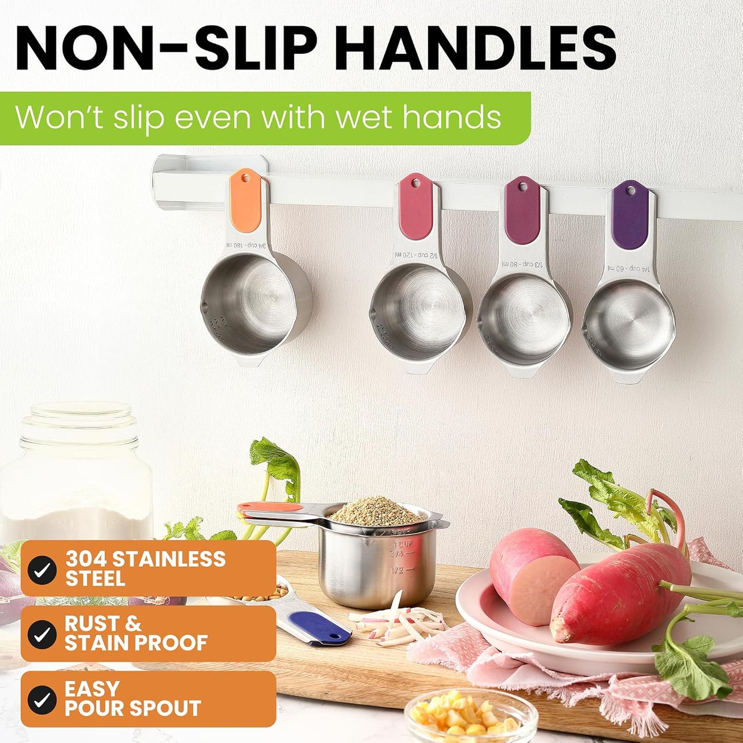 Spring Chef Magnetic Stainless Steel Measuring Cups (Patent Pending), Kitchen Tools with Easy to Read Markings for Measuring Dry or Liquid Ingredients, Set of 7, Mountain Sunrise