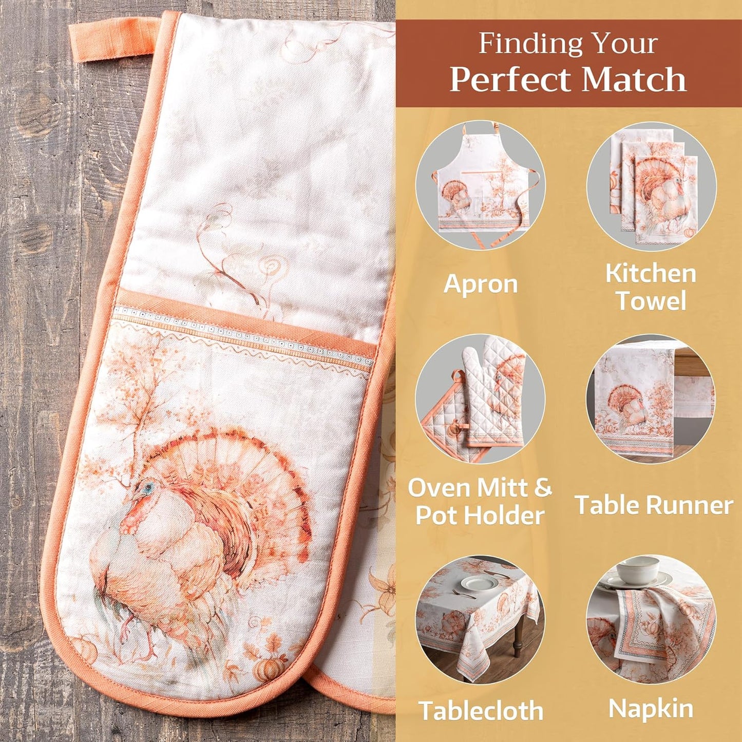 Maison d' Hermine Double Oven Mitts 100% Cotton 7"x35" Double Oven Mitt Heat Resistant BBQ Cooking Gloves with Loop, Baking, Grilling, Home, Kitchen, Handling Hot Pans (Giving Thanks)