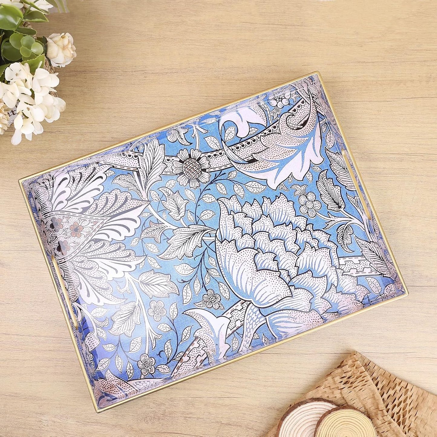 Rectangle Serving Tray with Handles, Coffee Table Tray for Ottoman, Living Room, Outdoor Tray for Patio Entertaining, Serving Breakfast Kitchen Platter, Windrush