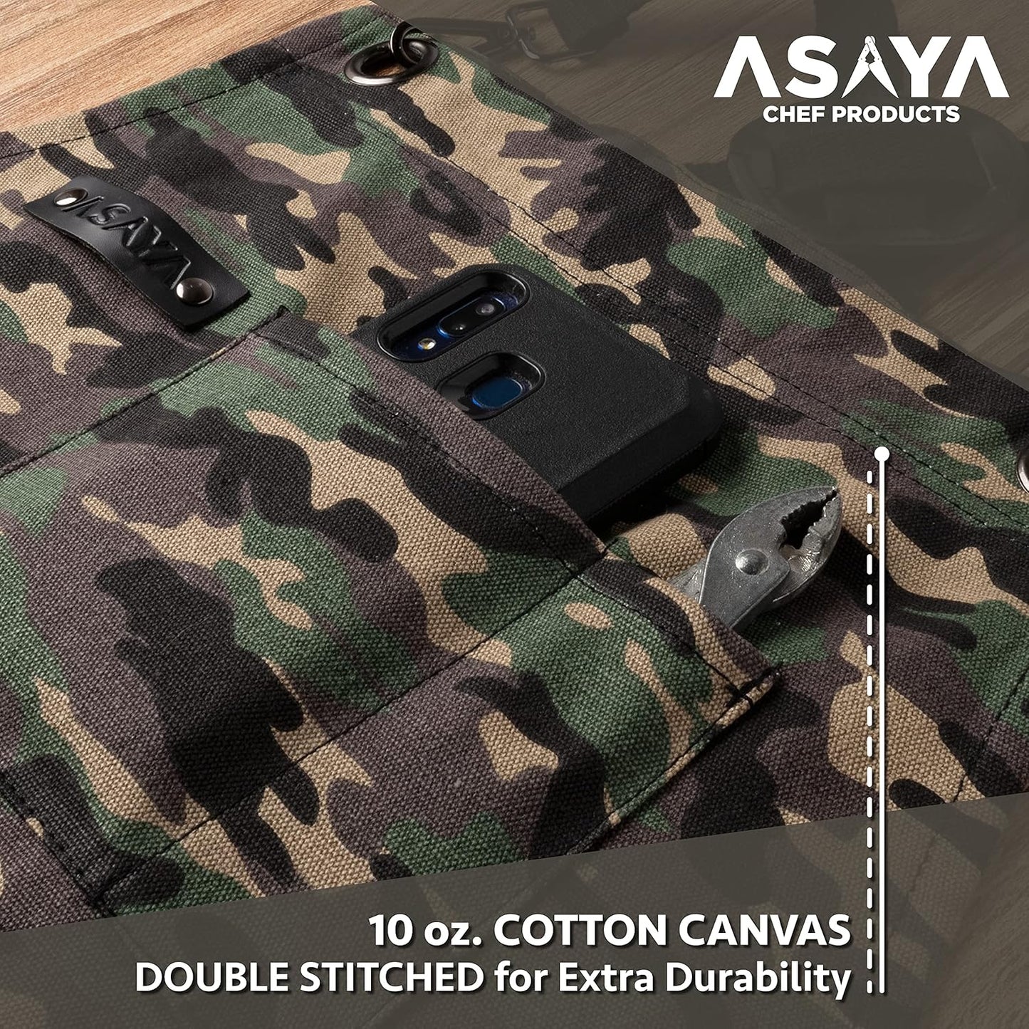 Asaya Chef and BBQ Apron with Bottle Opener and Hand Towel - 10oz Cotton Canvas, Stainless Steel Hardware - Cross Back Straps