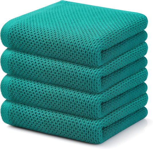 Kitinjoy 100% Cotton Waffle Weave Kitchen Towels, 4-Pack Super Soft and Absorbent Dish Towels for Drying Dishes, Kitchen Hand Towels, 13 in x 28 in, Teal