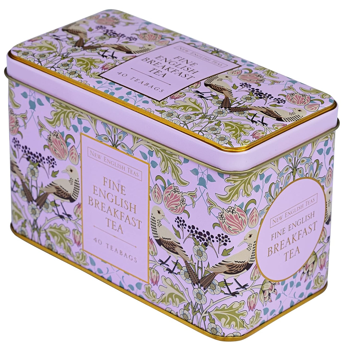 New English Teas Song Thrush and Berries Tea Tin in Pink with 40 English Breakfast Teabags