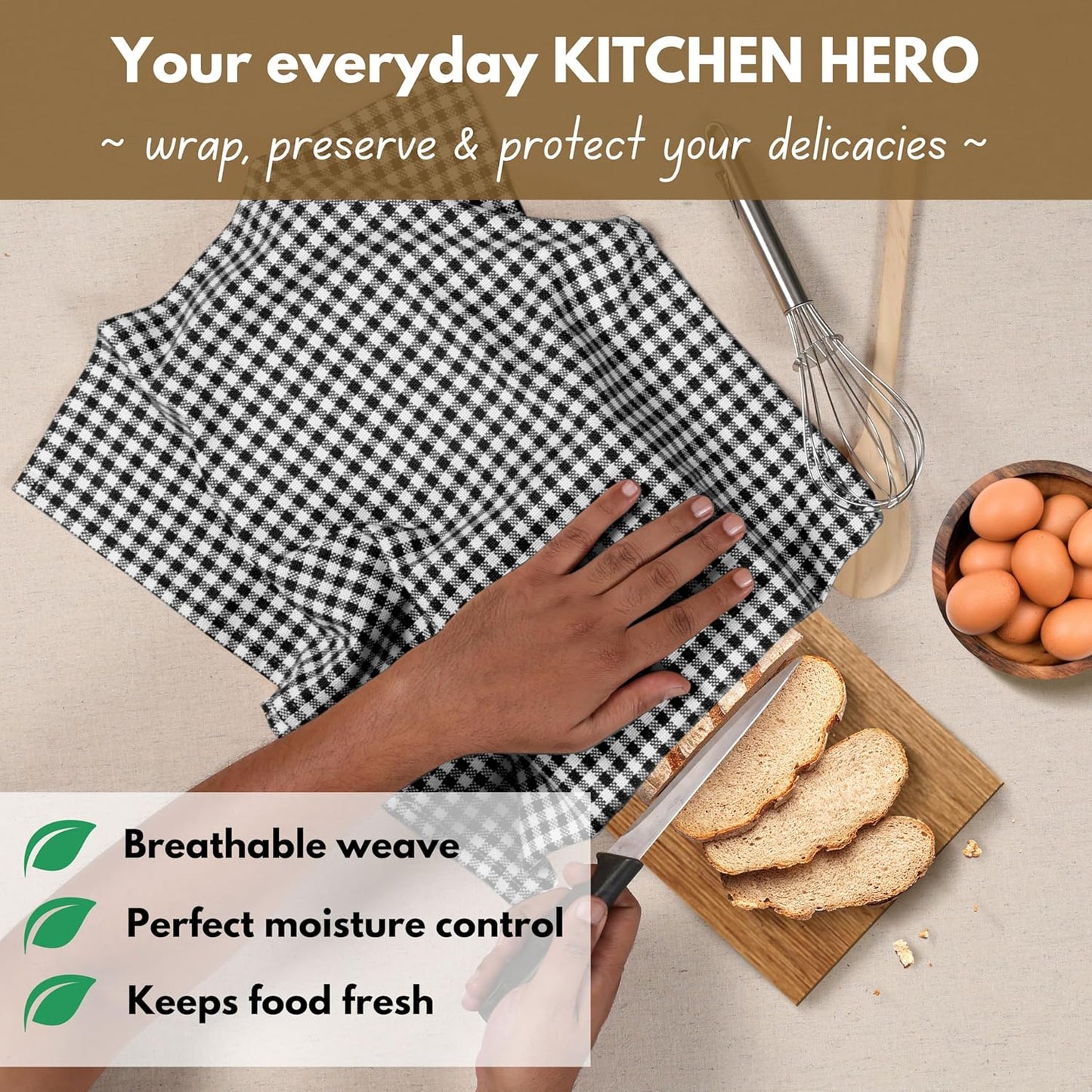 Native Fab Black Gingham Dish Towels 16"x26" Set of 12 - Cotton Mini Check Plaid Towels, Soft Absorbent Dishcloths with Hanging Loop, Kitchen Towel for Quick Drying - Black White