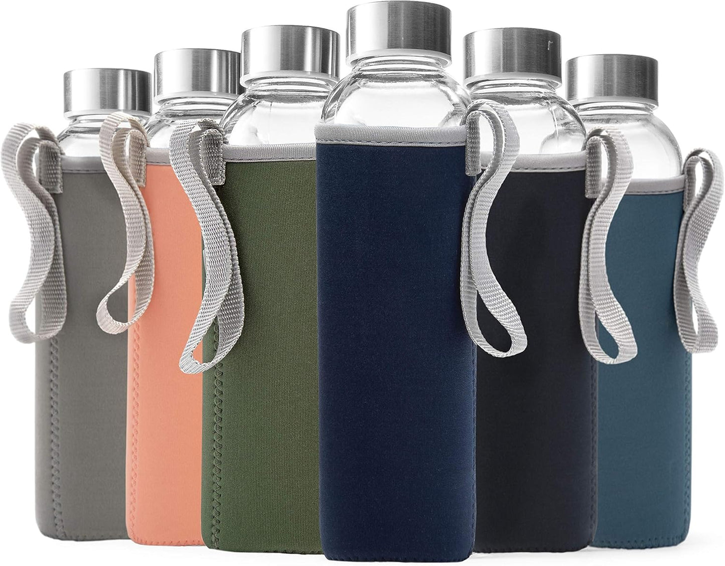 Epica glass bottles with lids – 18oz glass water bottles, reusable juice bottle with lids for storing juices, reusable water bottle durable & ecofriendly set of 6 with Sleeves