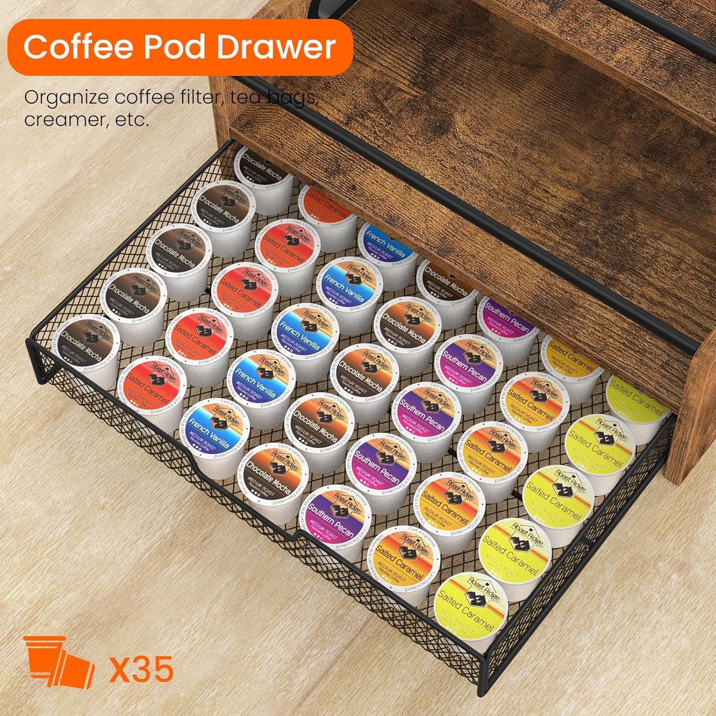 Homode Coffee Syrup Organizer Rack, 3-Tier 8 Bottles Syrup Stand with 35 K Cup Storage Drawer for Coffee Station Bar Accessories, Countertop Wood Liquor Bottle Holder for Wine, Rustic Brown