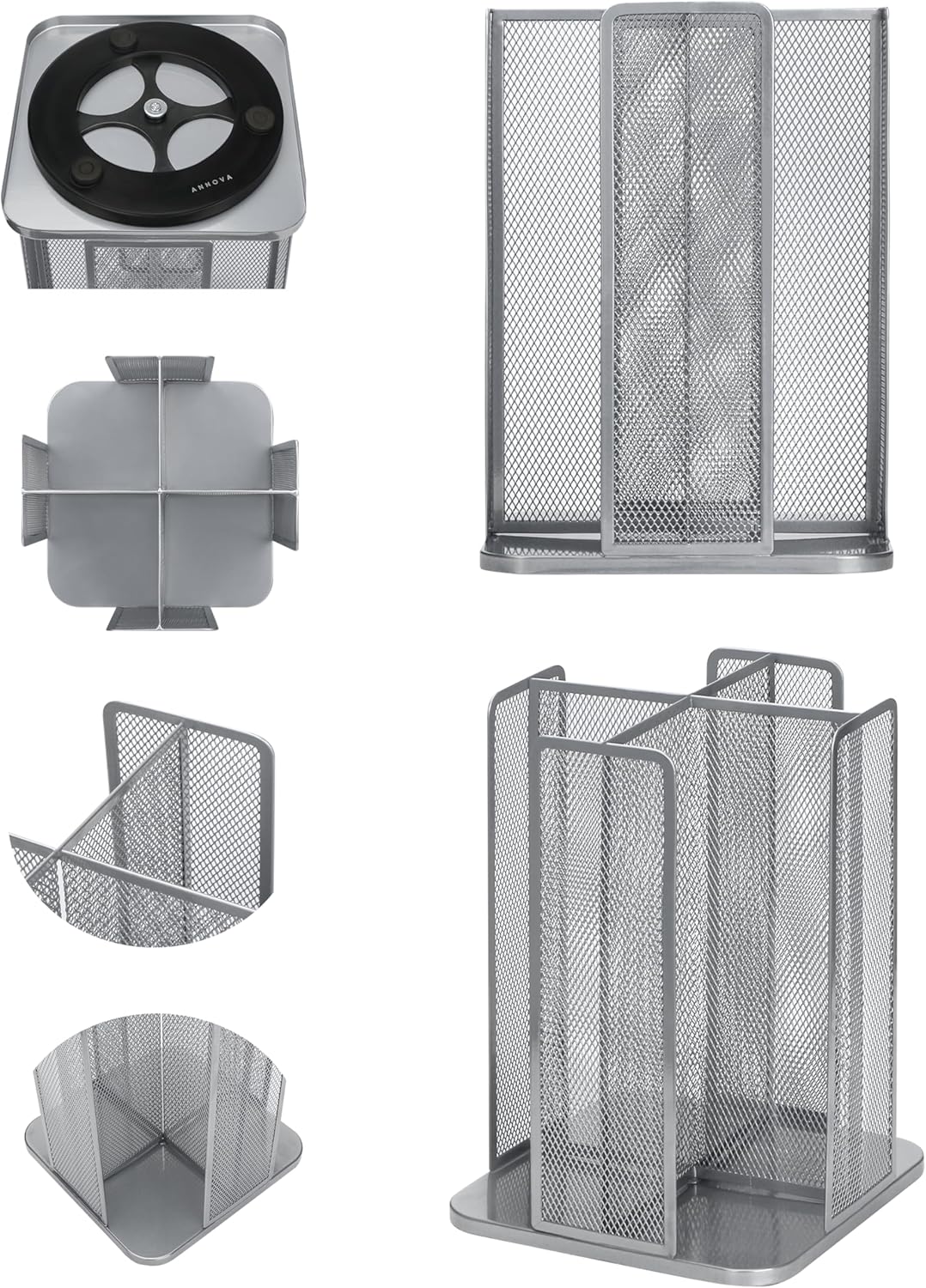 Annova Paper/Plastic Cup and Lid Holder Plastic Storage Organizer, 360°Rotating Coffee Mup Dispenser with 4 Compartments, Multifunctional Storage Rack for Home, Office, Bar, Coffee Shop (Silver)