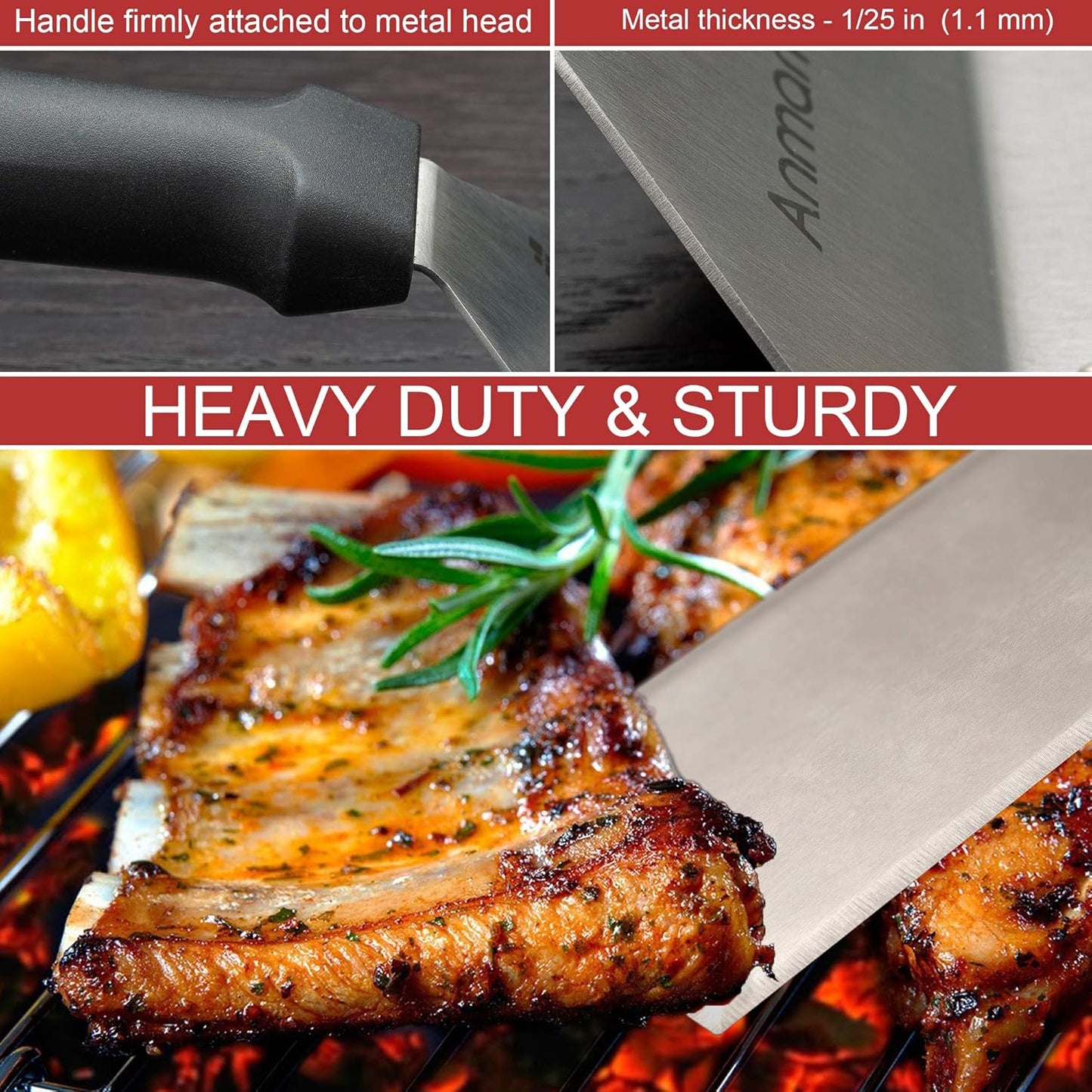 Metal Spatula Stainless Steel and Scraper - Professional Chef Griddle Spatulas Set of 3 - Heavy Duty Accessories Great for Cast Iron BBQ Flat Top Grill Skillet Pan - Commercial Grade