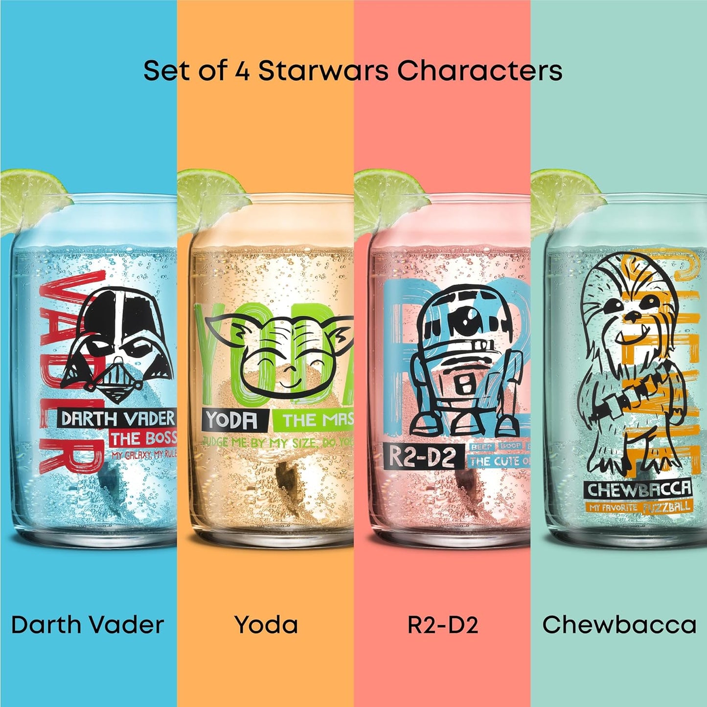 JoyJolt Star Wars Now Playing Collection Tumblers, 16.9oz Classic Can Shape Glass Tumbler Set of 4 w/Glass Straws