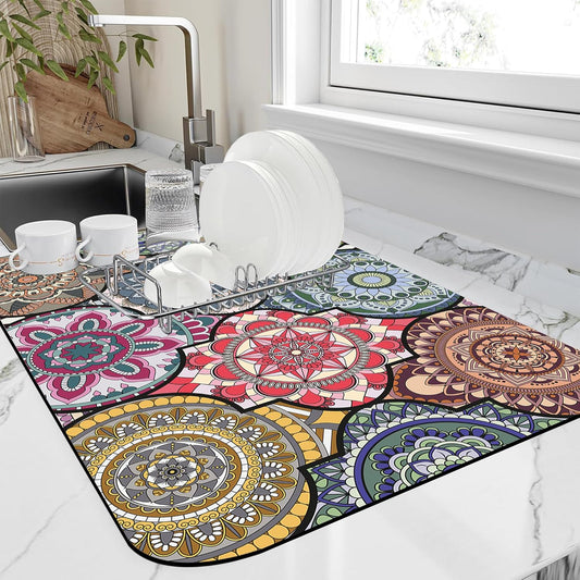 Dish Drying Mat Bohemia Vintage Decorative Pattern Kitchen Mat 16"x24" Bsorbent Coffee Maker Mat for Dishes,Utensils Coffee Maker Pots and Pans Easy Clean Dish Slip Resistant Pad