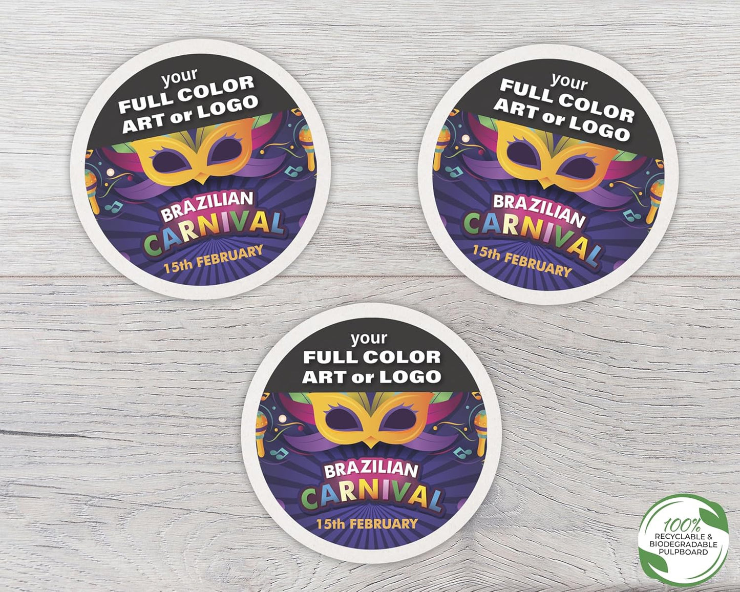 B.E. Green Custom Coasters - Pulpboard Personalized Coasters for Drinks - Full Color Print - Reusable & Absorbent - Beverage Coaster - Promotional Events & Celebrations - Pack of 50-4" Round Coaster