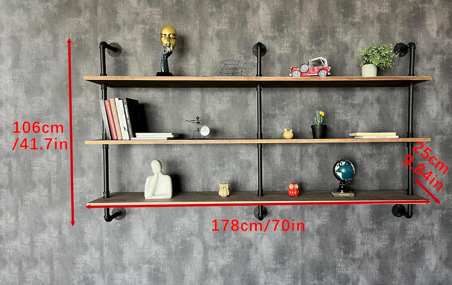 Floating Shelves 70 inch Wall Bookshelf Industrial Pipe Shelving Shelves Real Wood Planks Rustic Wall Shelves Hanging Bookshelves Farmhouse Kitchen Bar Shelving